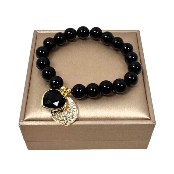 New Natural Black Onyx Beaded Stretch Bracelet Heart Coin Charm 18K Gold Plated - Picture 6 of 7